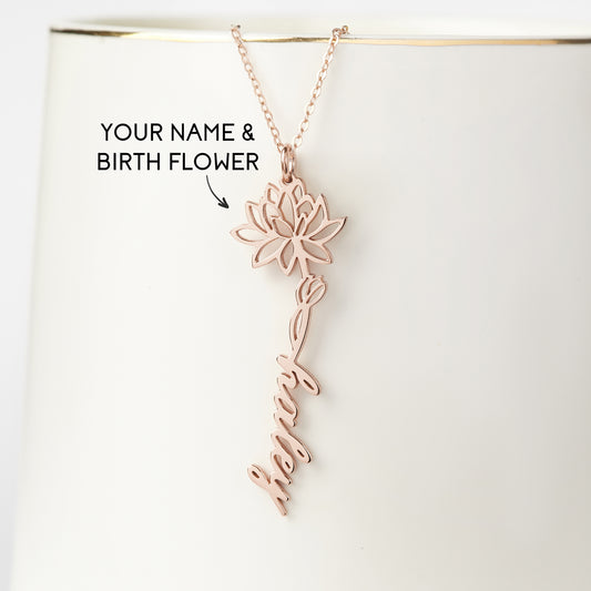 Birth Flower Name Necklace, Custom Name Jewelry, Floral Name Necklace