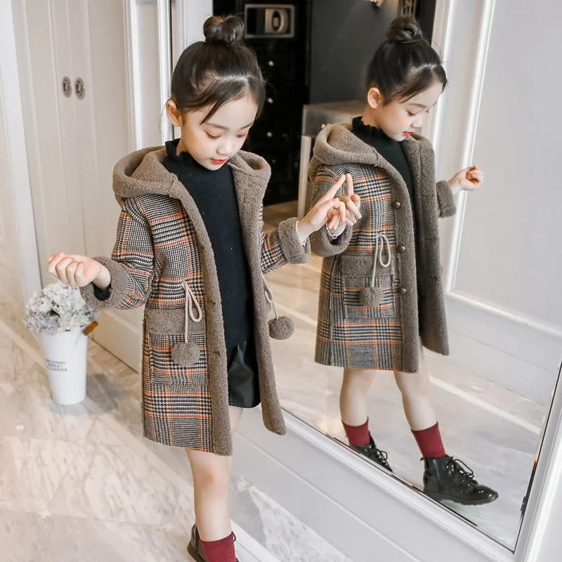 Autumn Winter Girls Hairy Coat Fashion Design Long Coat for Girls Kids Outerwear Grid Pattern Warm Winter Jacket Coats 4-12T