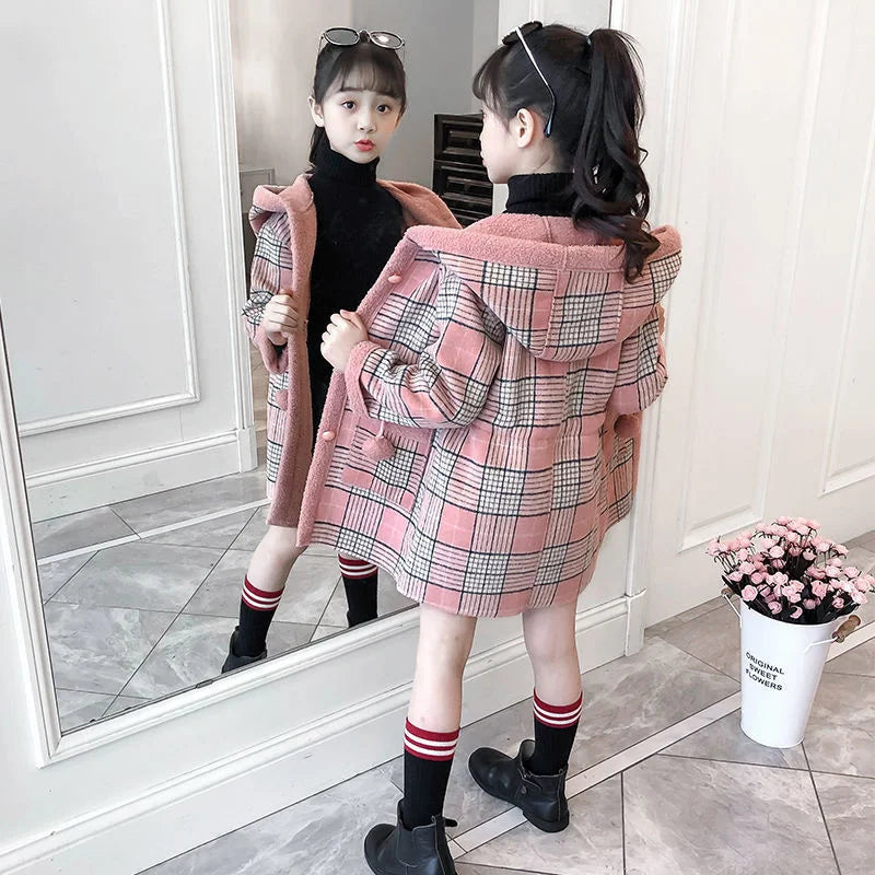 Autumn Winter Girls Hairy Coat Fashion Design Long Coat for Girls Kids Outerwear Grid Pattern Warm Winter Jacket Coats 4-12T