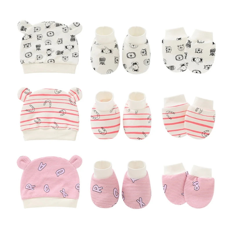 Baby Newborn Mittens Socks Beanies Cap Kit Infants Anti Scratching Cotton Gloves+Ears Hat+Foot Cover Set G99C