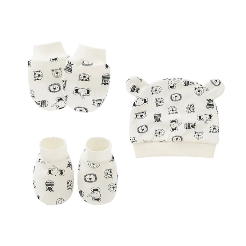 Baby Newborn Mittens Socks Beanies Cap Kit Infants Anti Scratching Cotton Gloves+Ears Hat+Foot Cover Set G99C