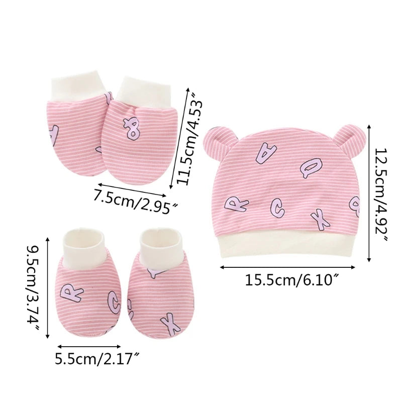 Baby Newborn Mittens Socks Beanies Cap Kit Infants Anti Scratching Cotton Gloves+Ears Hat+Foot Cover Set G99C