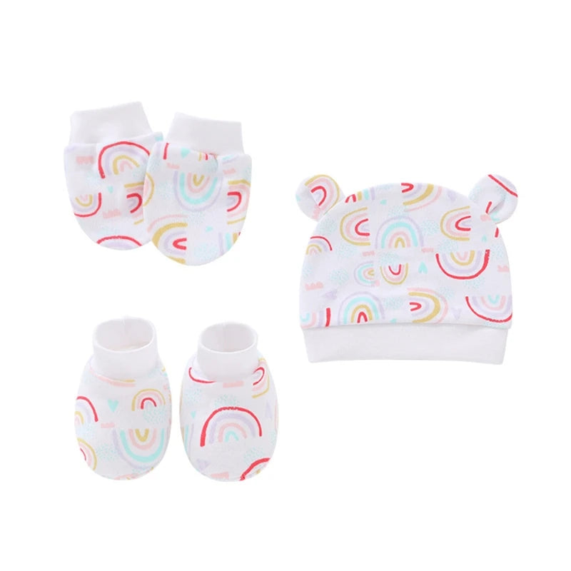 Baby Newborn Mittens Socks Beanies Cap Kit Infants Anti Scratching Cotton Gloves+Ears Hat+Foot Cover Set G99C