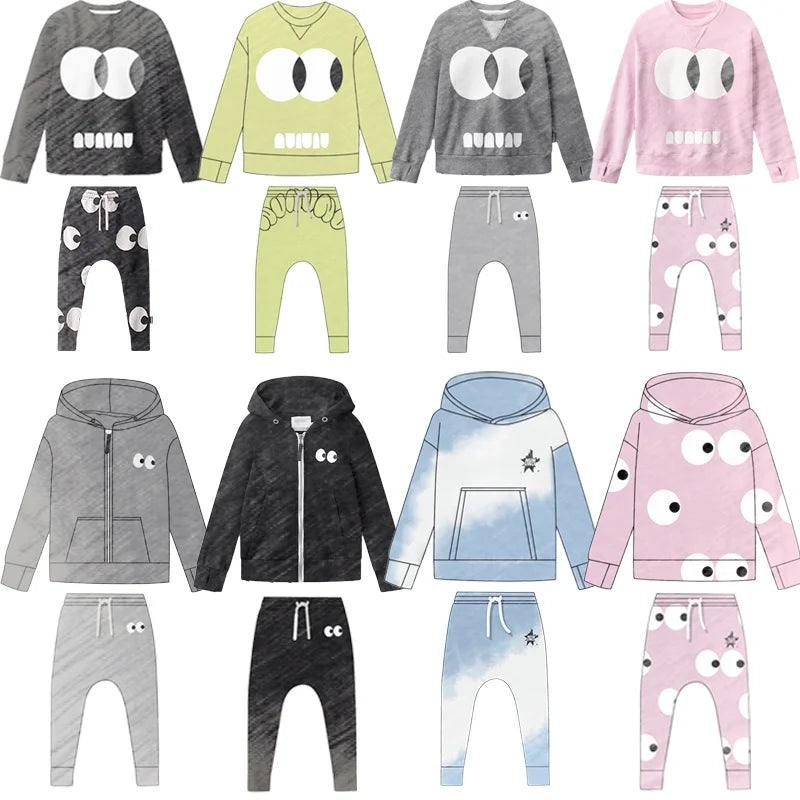 24 New Autumn Winter Children's Clothing Big Eyes Printed Sweatshirt Baby Boy Clothes Warm Sweatpants Baby Girl Clothes Kids Set