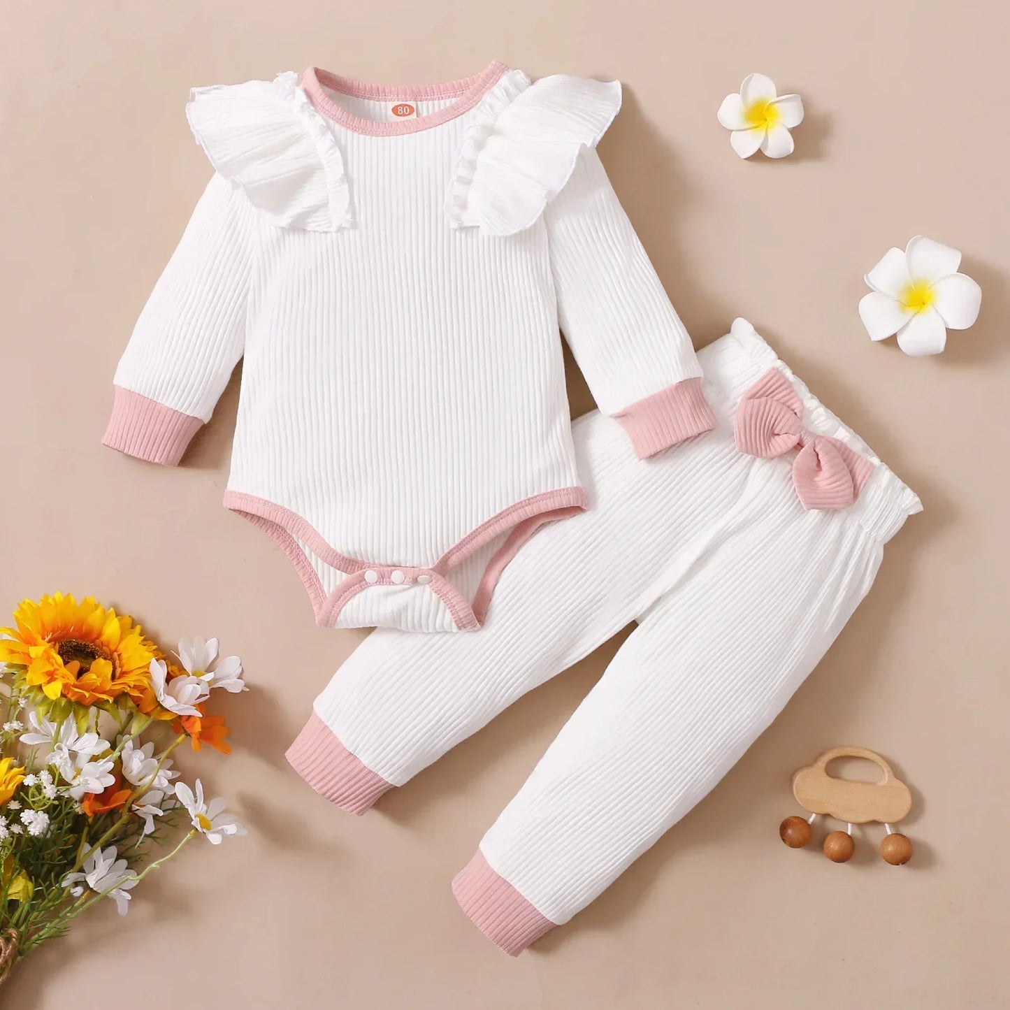 New Baby Girl Clothes Set Spring Toddler Girls Clothes Bow Pink Long Sleeve Romper + Pants Infant Baby Girl Outfit Set