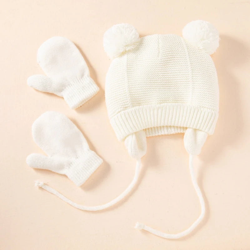 Winter Warm Baby Solid Color Ear Flap Hat Gloves Set Ears Mitten for Toddler Girls Boys Knitted Hemming Hat