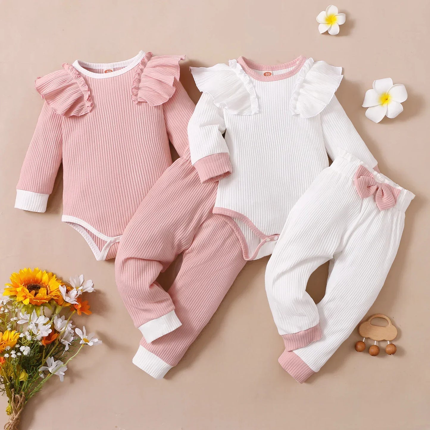 New Baby Girl Clothes Set Spring Toddler Girls Clothes Bow Pink Long Sleeve Romper + Pants Infant Baby Girl Outfit Set