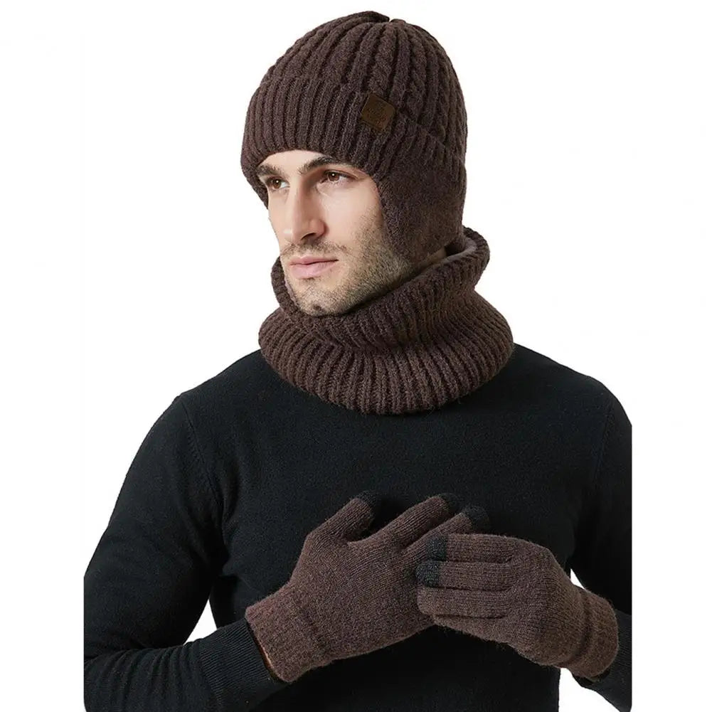 3Pcs/Set Men Women Fleece Lining Hat Scarf Gloves Set Ear Protection Knit Skull Hat Touch Screen Mittens Neck Warmer Set