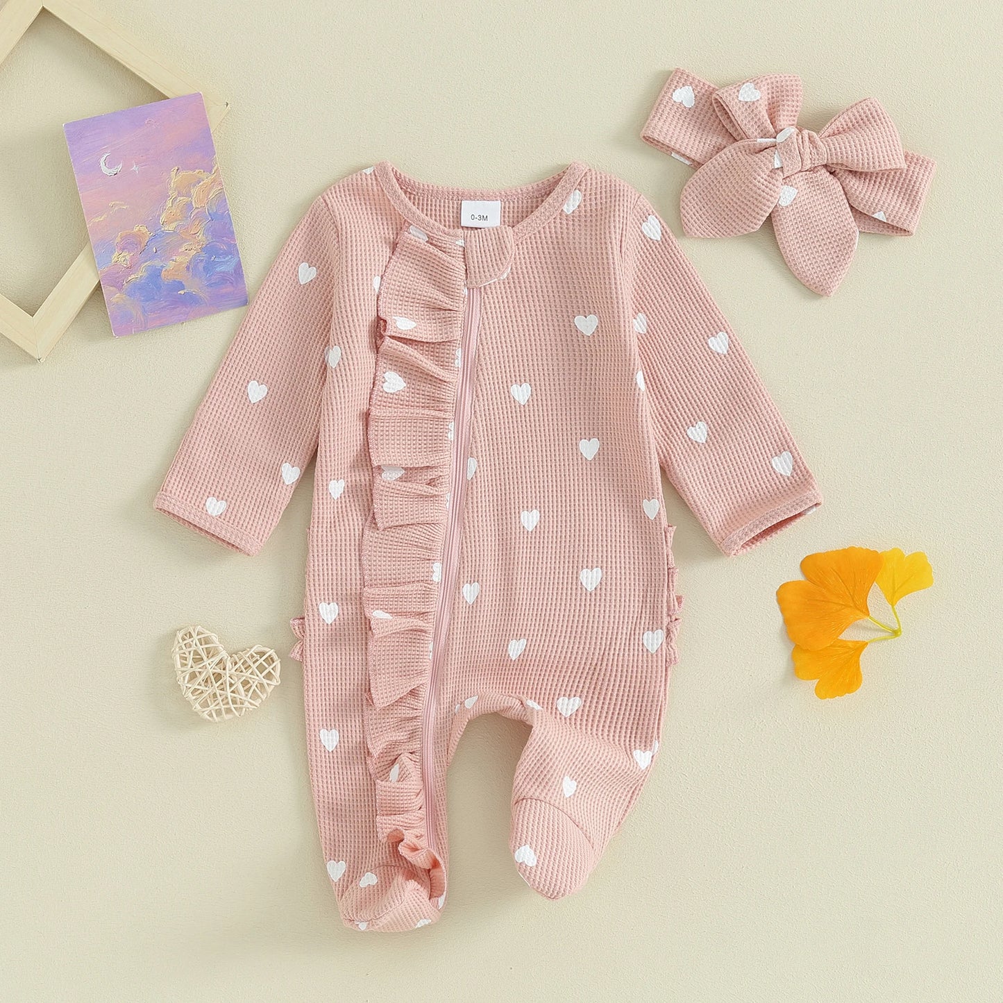 Pudcoco Baby Girls Valentines Day Foot Cover Jumpsuit Long Sleeve Crew Neck Heart Print Ruffle Zipper Footies with Headband 0-6M