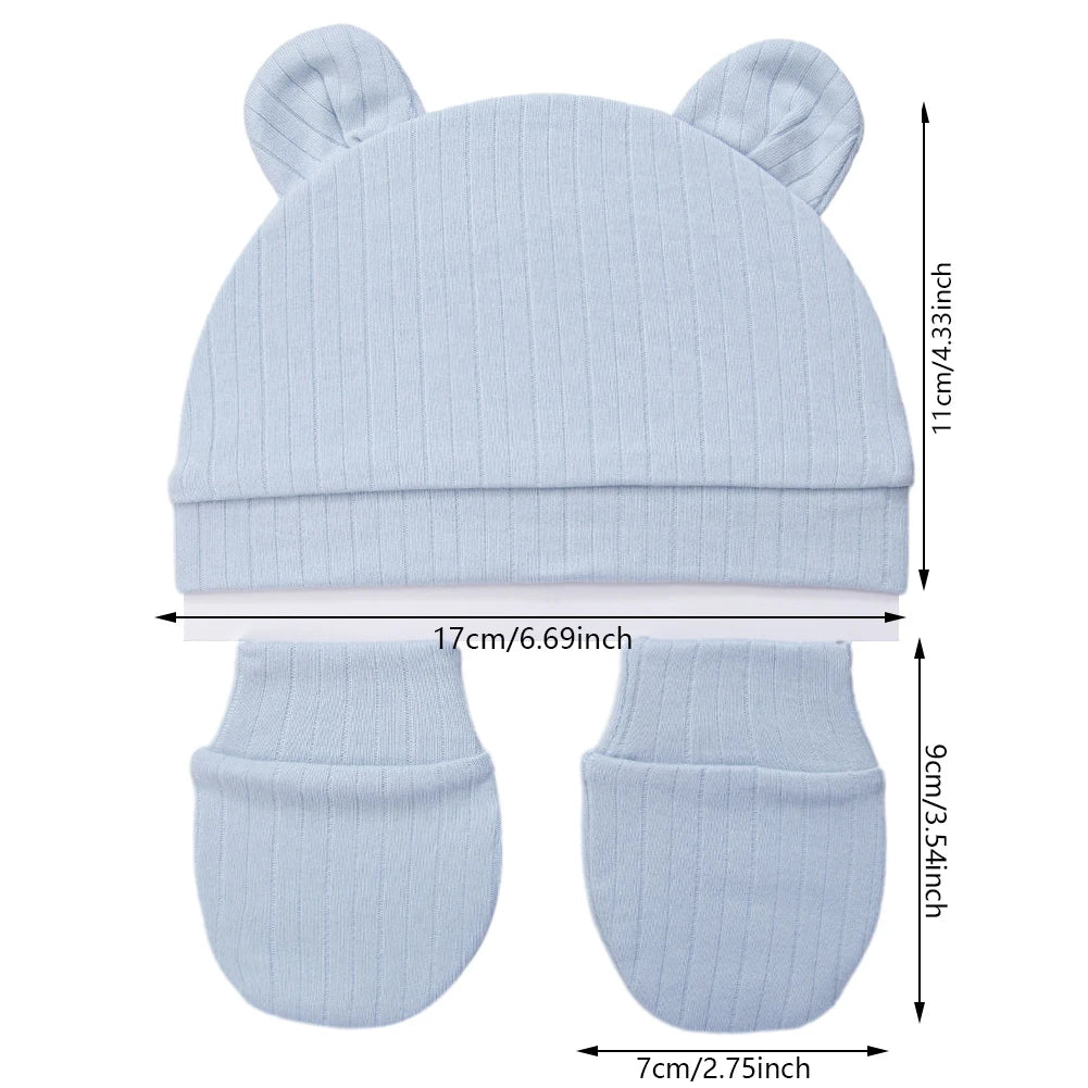 3Pcs/Set Cute Cotton Baby Hats Newborn Bonnet Gloves Mittens Beanies Bear Ear Shape Gift Photo Props Infant 0-3M Clothing