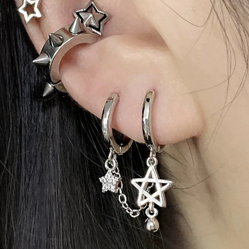 1PCS Silver Color Star Chain Double Ear Hole 316L Stainless Steel Ear Bone Nail Y2K Fashion Hottie Earrings for Women Jewelry