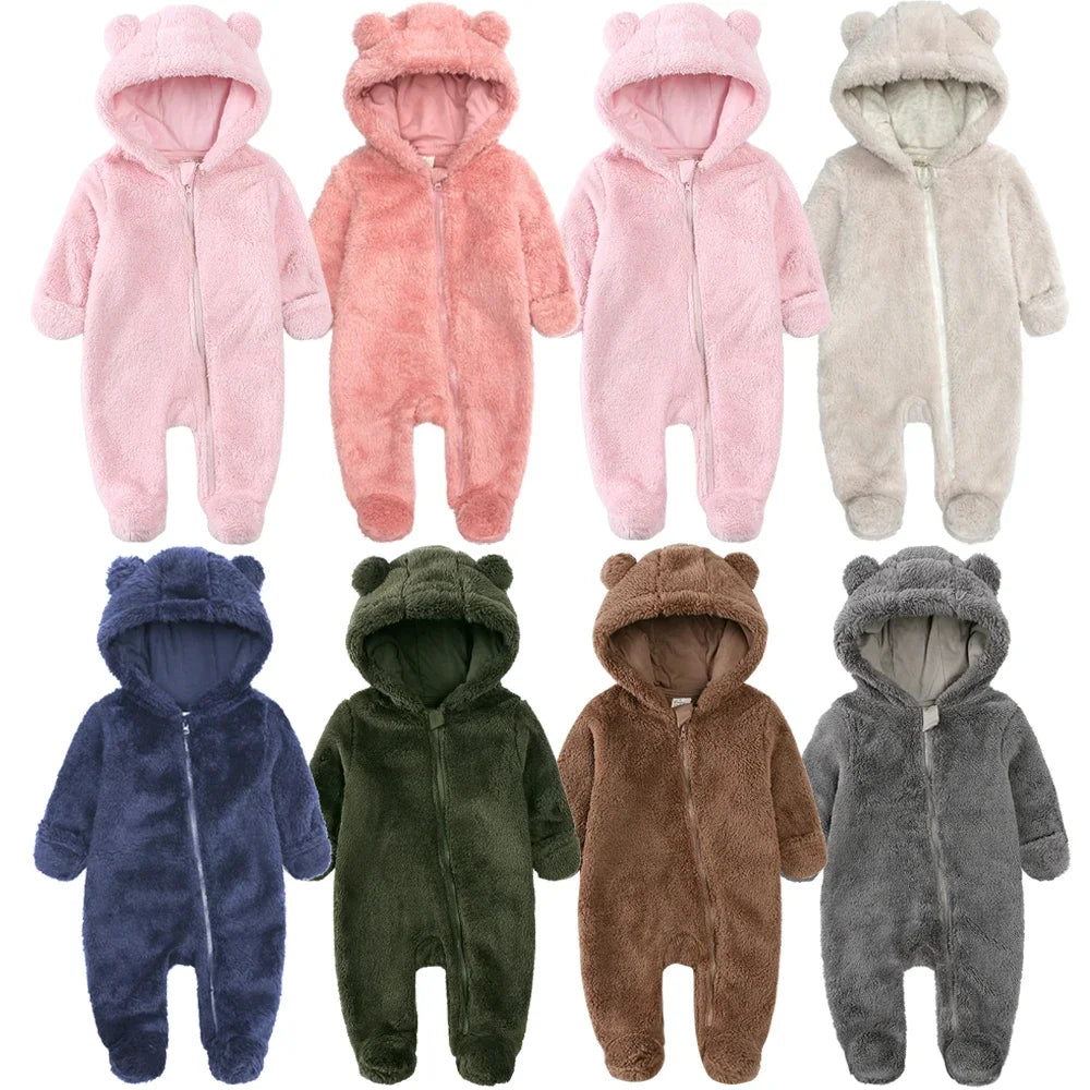 2024 Baby Winter Thick Romper Solid Cotton Warm Long Sleeve Boy Girl Jumpsuit Clothes 0-24M Newborn Bear Fleece Hooded Pyjamas