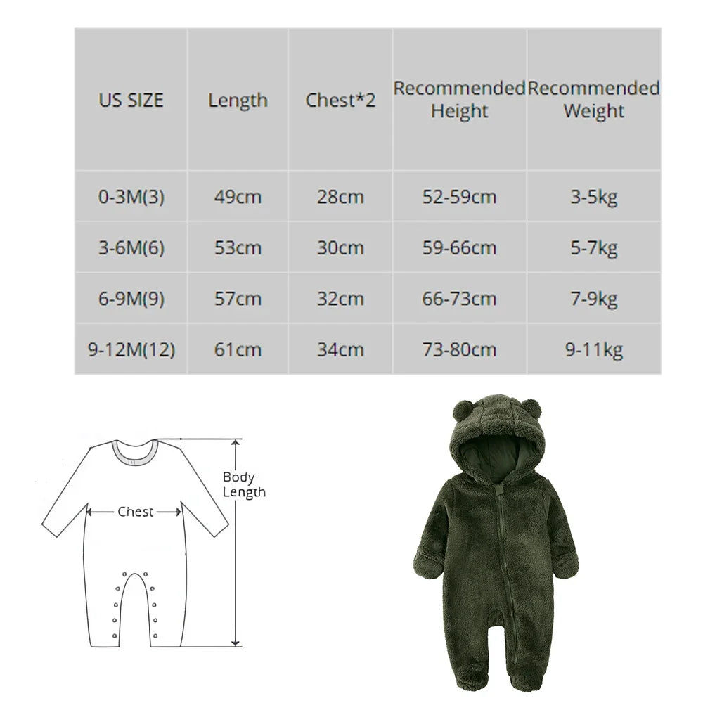 2024 Baby Winter Thick Romper Solid Cotton Warm Long Sleeve Boy Girl Jumpsuit Clothes 0-24M Newborn Bear Fleece Hooded Pyjamas