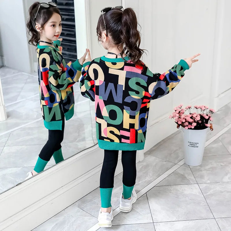 2024 girls clothes autumn winter letter sweatshirt t-shirt hooded + stretch pants leggings cotton teens child 8 9 10 11 12 year