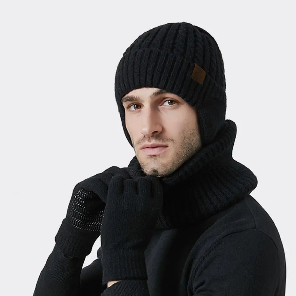 3Pcs/Set Men Women Fleece Lining Hat Scarf Gloves Set Ear Protection Knit Skull Hat Touch Screen Mittens Neck Warmer Set