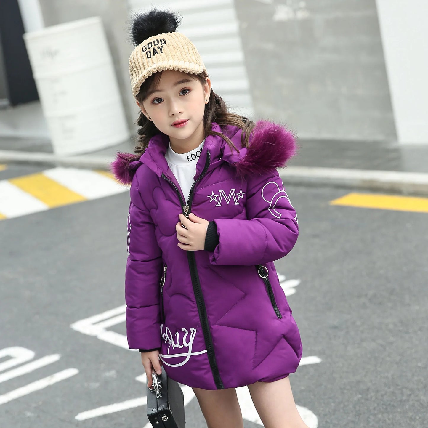 Big Size Teenager Winter Keep Warm Girls Jacket Letter Long Style Hooded Windbreaker Coat For Kids Children Christmas Outerwear