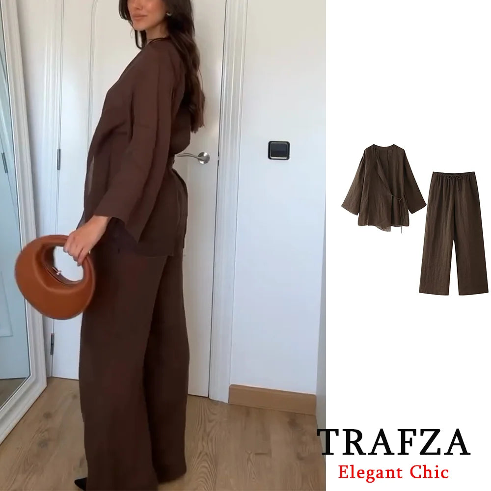 TRAFZA Casual Chic Solid 2 Piece Women Set Fashion 2024 Summer Autumn Long Sleeve Kimono Crossover Jacket+Pants NightWear Suit