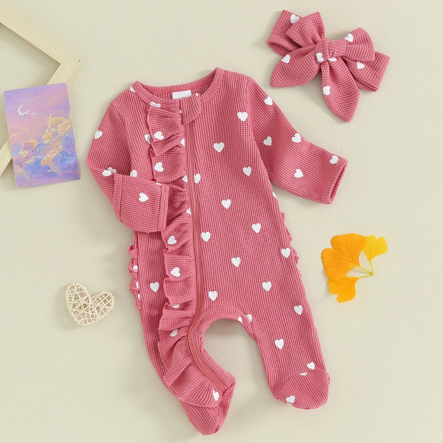 Pudcoco Baby Girls Valentines Day Foot Cover Jumpsuit Long Sleeve Crew Neck Heart Print Ruffle Zipper Footies with Headband 0-6M