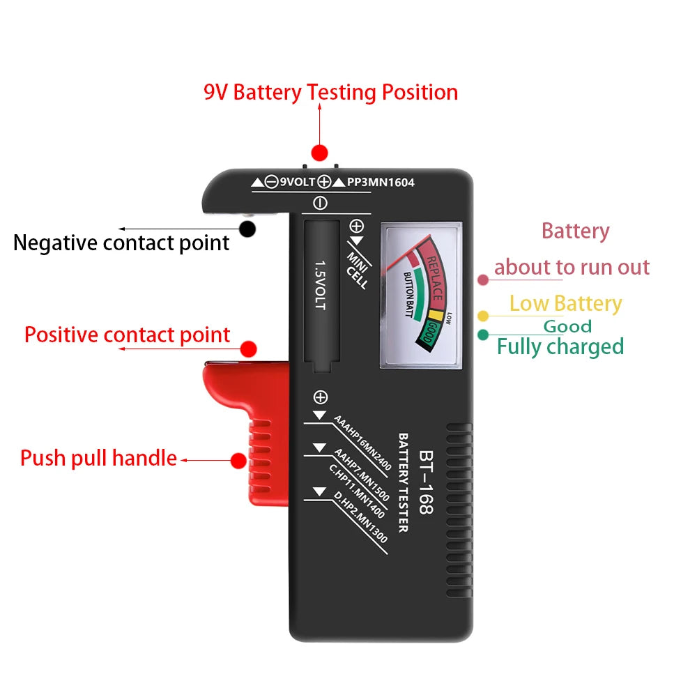 BT-168 AA/AAA/C/D/9V/1.5V batteries Universal Button Cell Battery Colour Coded Meter Indicate Volt Tester Checker BT168 Power