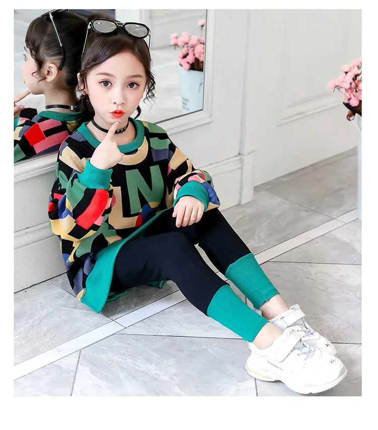 2024 girls clothes autumn winter letter sweatshirt t-shirt hooded + stretch pants leggings cotton teens child 8 9 10 11 12 year