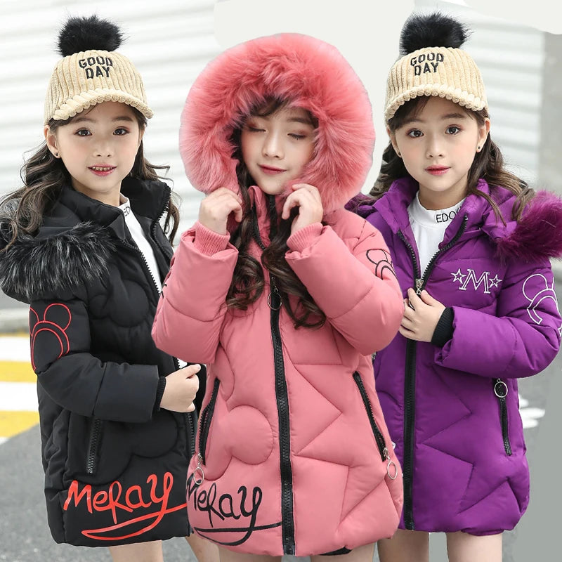 Big Size Teenager Winter Keep Warm Girls Jacket Letter Long Style Hooded Windbreaker Coat For Kids Children Christmas Outerwear