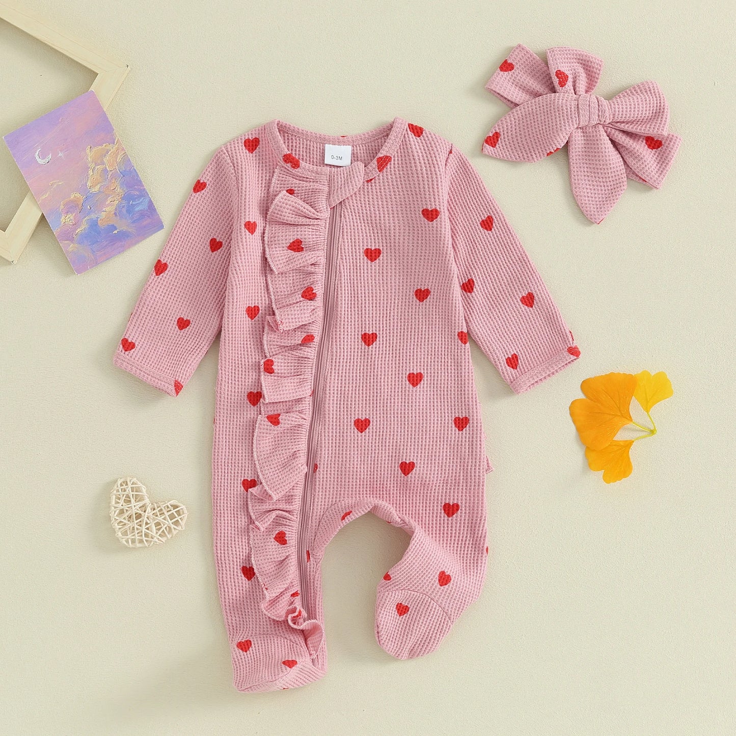 Pudcoco Baby Girls Valentines Day Foot Cover Jumpsuit Long Sleeve Crew Neck Heart Print Ruffle Zipper Footies with Headband 0-6M