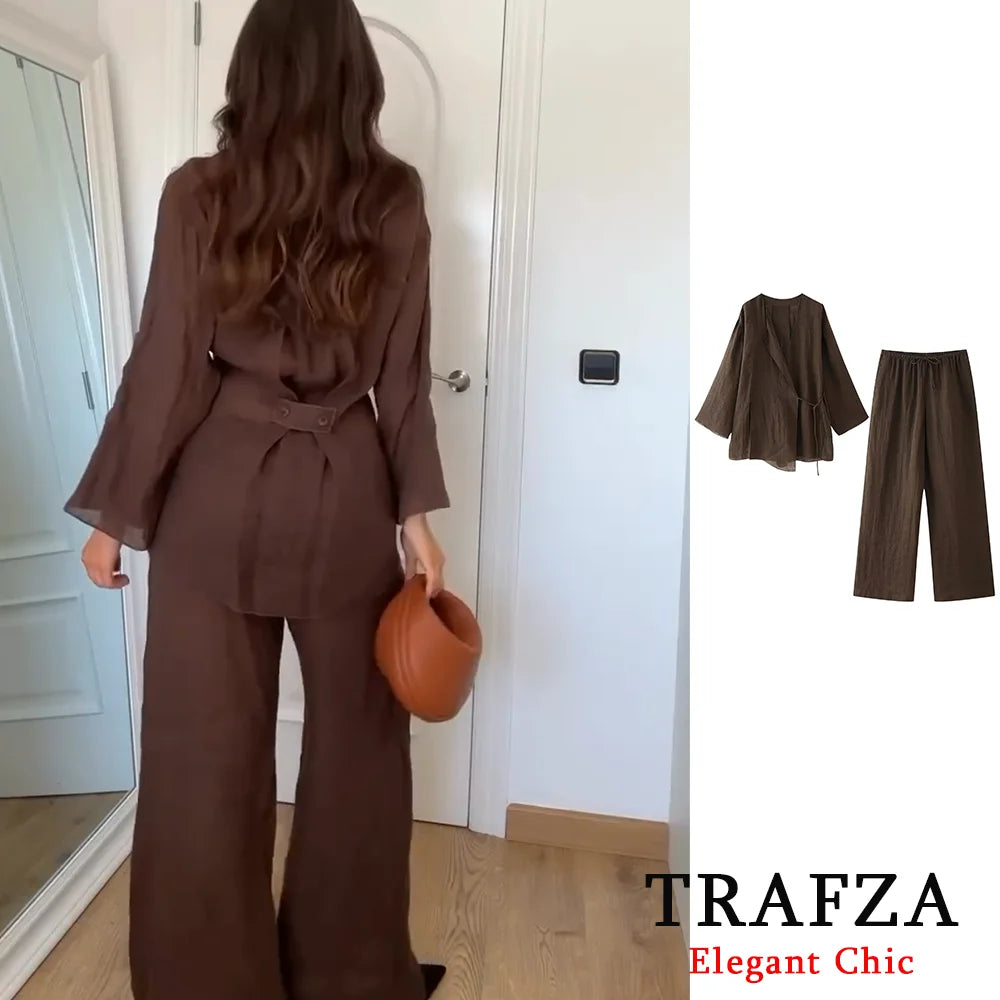 TRAFZA Casual Chic Solid 2 Piece Women Set Fashion 2024 Summer Autumn Long Sleeve Kimono Crossover Jacket+Pants NightWear Suit