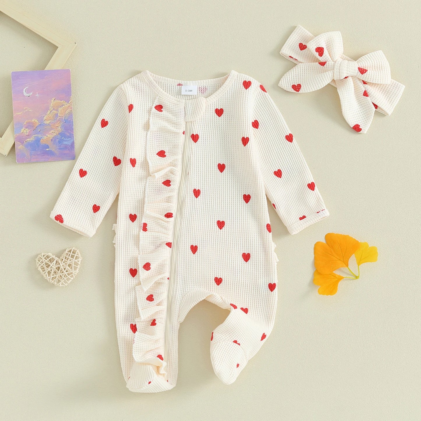 Pudcoco Baby Girls Valentines Day Foot Cover Jumpsuit Long Sleeve Crew Neck Heart Print Ruffle Zipper Footies with Headband 0-6M