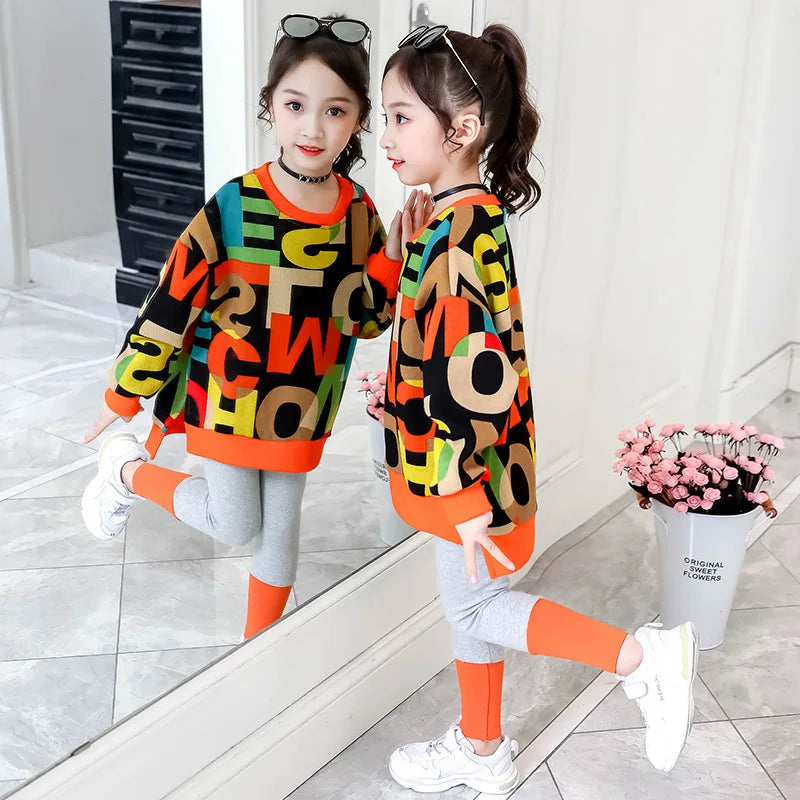 2024 girls clothes autumn winter letter sweatshirt t-shirt hooded + stretch pants leggings cotton teens child 8 9 10 11 12 year