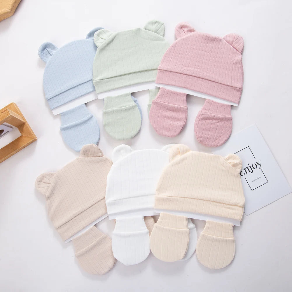 3Pcs/Set Cute Cotton Baby Hats Newborn Bonnet Gloves Mittens Beanies Bear Ear Shape Gift Photo Props Infant 0-3M Clothing