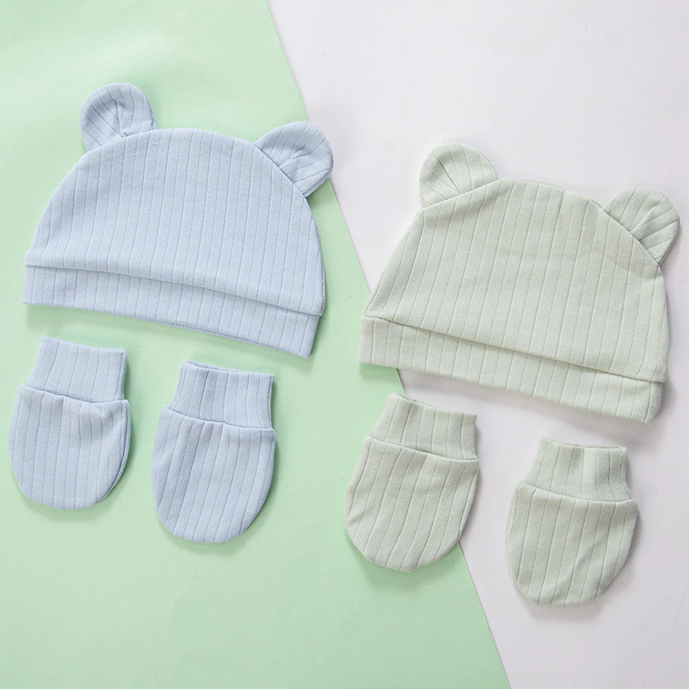 3Pcs/Set Cute Cotton Baby Hats Newborn Bonnet Gloves Mittens Beanies Bear Ear Shape Gift Photo Props Infant 0-3M Clothing