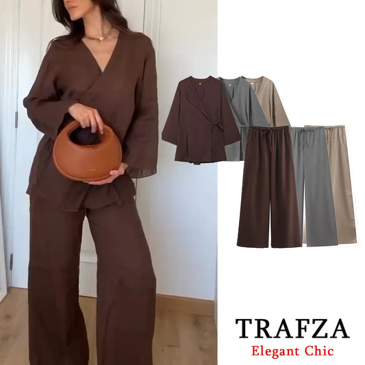 TRAFZA Casual Chic Solid 2 Piece Women Set Fashion 2024 Summer Autumn Long Sleeve Kimono Crossover Jacket+Pants NightWear Suit