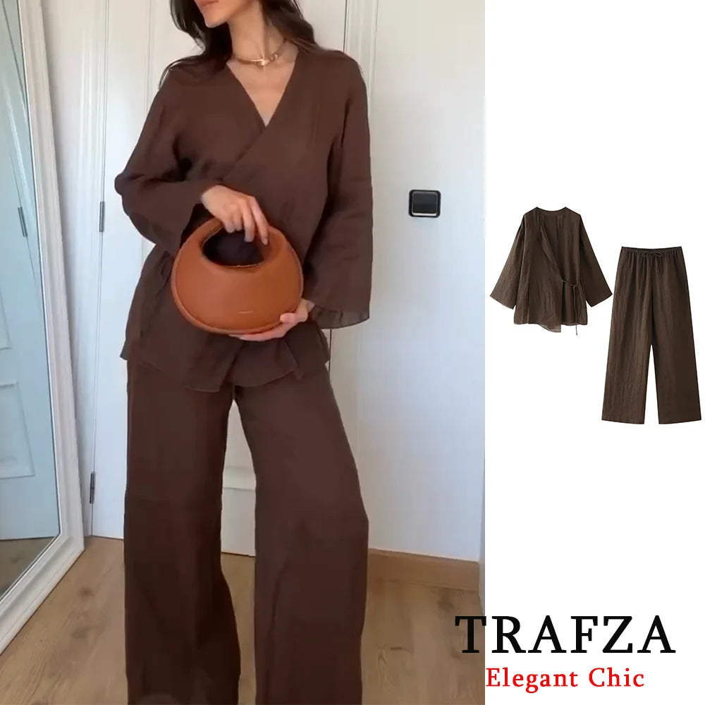 TRAFZA Casual Chic Solid 2 Piece Women Set Fashion 2024 Summer Autumn Long Sleeve Kimono Crossover Jacket+Pants NightWear Suit